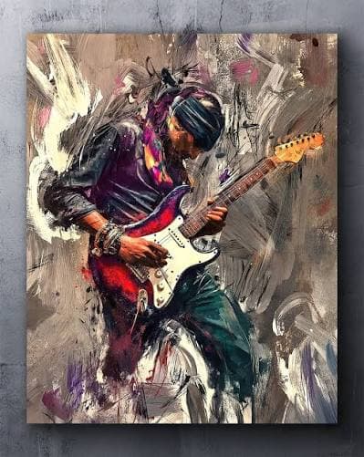 A colorful painting of a guitarist playing an electric guitar